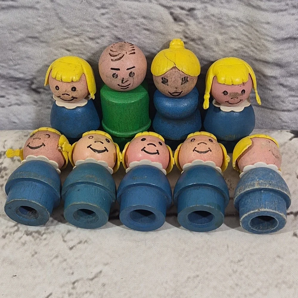 Vintage Fisher Price Little People Wooden Head & Body Lot Of 9 Damaged Up-cycle
